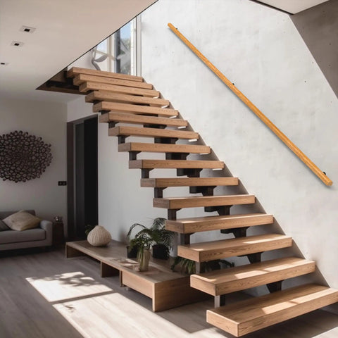 Tough As Nails 2 Feet Wooden Stair Handrail Wall Mount on modern open staircase, real pine railing providing support.