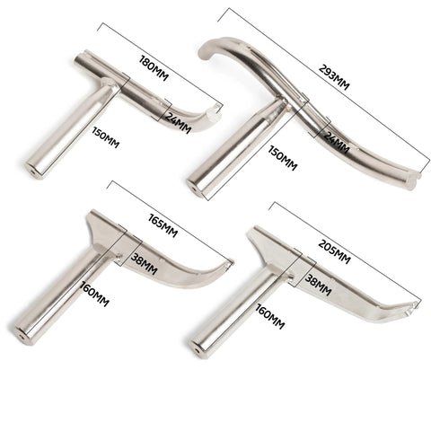 Four-piece stainless steel bowl-turning tool rests with 1-inch stems and curved arms for wood lathe bowl turning.