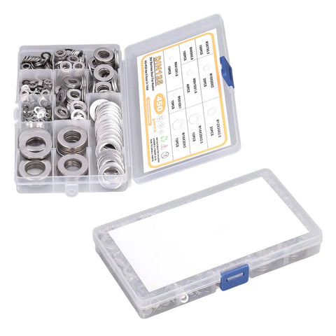 450Pcs Flat Washer Assortment Kit 304 Stainless Steel Washers M3 Through M16 in One Handy Set with open and closed box view