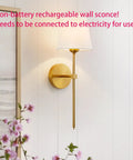Retro Industrial Wall Sconces Set Of 2 With White Fabric Shade on white wall, gold-toned metal, elegant floral decor.