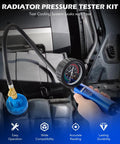 Front view of Orion Motor Tech radiator pressure tester kit with gauge and blue handheld pump (19‑pc set)