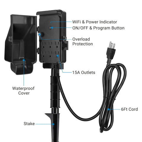 WiFi Smart Yard Stake Plug With Six Outlets, Waterproof Power Timer, 6Ft Cord, Voice Control, Remote App, Alexa And Google Assistant Compatible.