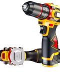 Knockout Cordless Drill Built Tough With 16.8V Power And Solid Metal Chuck Heavy Duty Impact Driver showing orange and black design.