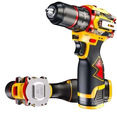 Knockout Cordless Drill Built Tough With 16.8V Power And Solid Metal Chuck Heavy Duty Impact Driver showing orange and black design.