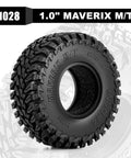 1.0 Inch Maverix MT Tires 57x22mm for 1/18 and 1/24 RC Crawlers showing aggressive hook tread design