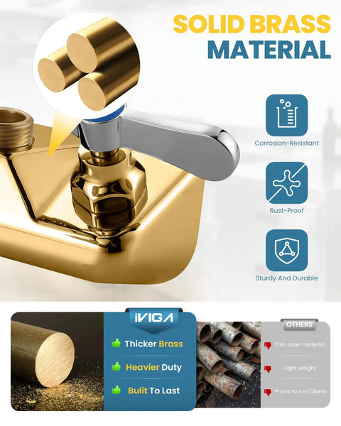 Close-up of Top Shelf Four Inch Center Wall Mount Sink Faucet With Slick Chrome Plating and durable solid brass material.