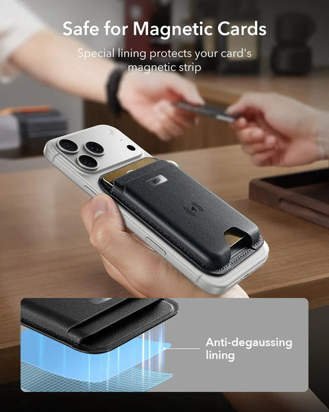 Person holding iPhone with MagSafe Wallet With Full Find My Tracking Real Time Location Sound Alerts RFID Blocking Holds 5 Cards.