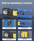 All-In-One RJ45 Pass-Through Crimp Tool Kit For Cat6, Cat5e, And Cat5 Connectors with blue handles and labeled features.