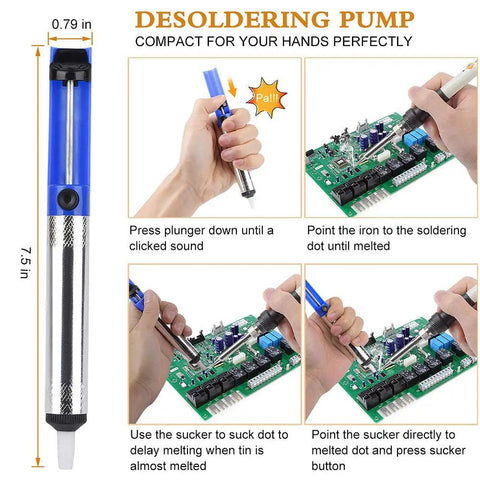 Instructions for using desoldering pump in Versatile Soldering Iron Kit With Digital Multimeter 110V 60W Adjustable Temperature Desoldering Pump Solder Stand Screwdriver Tips And Wire For Electronics Repair And Pro Projects.