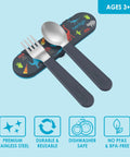 Kids Stainless Steel Utensil Set With Fork And Spoon, Reusable PFAS Free BPA Free Case, Dinosaur theme on blue background