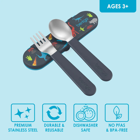 Kids Stainless Steel Utensil Set With Fork And Spoon, Reusable PFAS Free BPA Free Case, Dinosaur theme on blue background