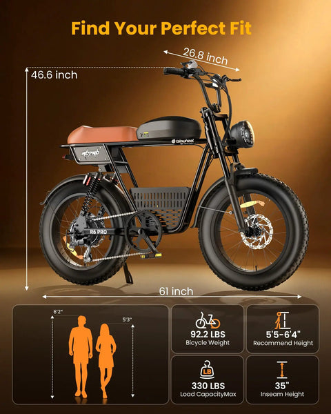 Beast 1500W Fat Tire Electric Bike With 48V 20Ah Battery dimensions and specs, black, with basket, full suspension, all-terrain.