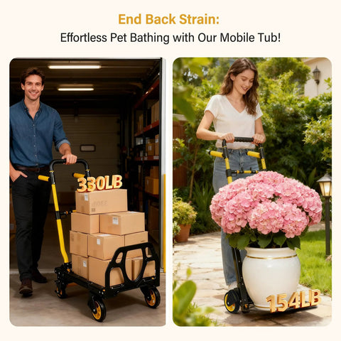 Heavy-duty folding hand truck cart transporting boxes and flowers