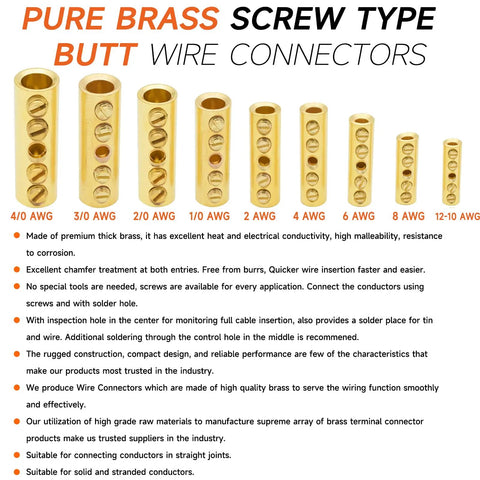 Top Shelf 12 To 10 Awg Screw Style Wire Butt Connectors And Mechanical Splice Kit with pure brass connectors for automotive use.