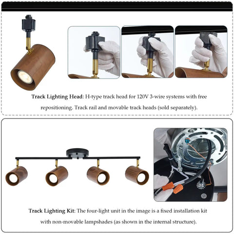 Modern 4 Light Track Lighting Kit With Dope Matte Black Finish And Natural Wood Lampshades Flexible 350 Degree Rotatable Heads Ceiling Light Fixture For Kitchen Hallway And Living Room Industrial Style Illumination