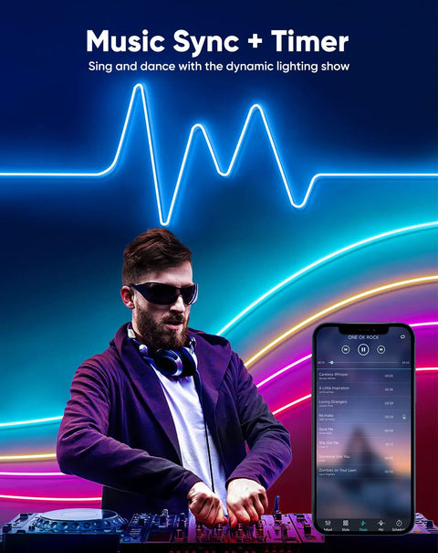 DJ using 24V RGB Neon Rope Light With Smart App Control And Music Sync 32 Feet LED Strip for colorful music-synced ambiance