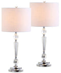 27 Inch Clear Crystal LED Table Lamp Set of 2 with white linen shades and chrome bases, perfect for living room or bedroom