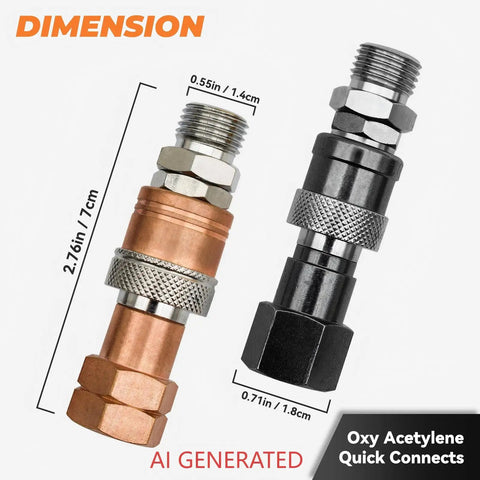 Oxy Acetylene Torch Quick Connect Fittings Fit Nine Sixteenths Inch B UNF Threads with brass and stainless parts, dimensions shown.