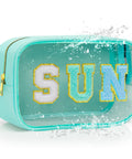 Clear Sunscreen Zipper Bag For Beach And Pool, Waterproof See Through Makeup Pouch With Glitter Sun Design, Front View