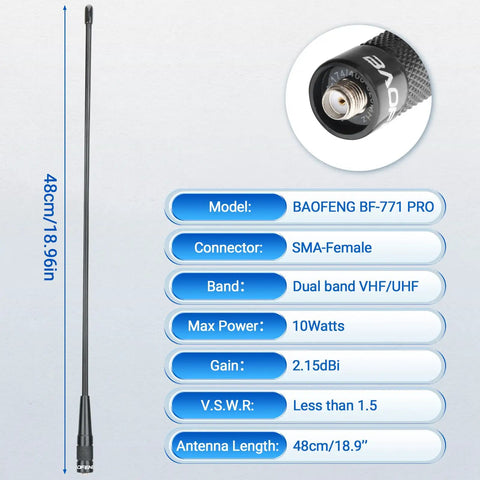 SMA-Female Walkie Talkie Antenna High Gain 2.5dBi VHF UHF Long Range 18.9 Inch Antenna for Two Way Radios with 50 Ohm Impedance and Low SWR under 1.5