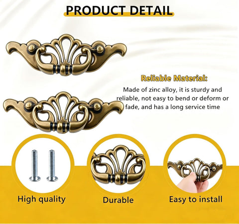 Antique Brass Bail Drawer Pulls Set, 6 Pack, Vintage Zinc Alloy Cabinet Handles with Screws, shown with detailed design and quality description