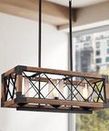 Rectangle Wood And Metal Kitchen Island Pendant Light With Glass Shades, Rustic Industrial Chandelier In Black Finish, Vintage Ceiling Fixture With Three Lights For A Dope Farmhouse Kitchen Vibe, close-up view
