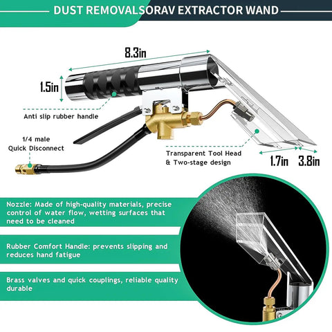 Extractor Kit For Wet Vacuum With 50 Foot Water Line Includes Transparent Dust Removal Head shown with detailed labels
