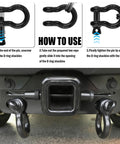 Heavy Duty Two Pack Half Inch D Ring Shackles With Five Eighths Inch Pins Eight Ton Breaking Strength And Two Ton Working Load Limit Ideal Vehicle Recovery And Winch Accessory For Off Roaders, shown installed on vehicle with usage instructions