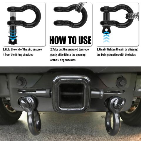 Heavy Duty Two Pack Half Inch D Ring Shackles With Five Eighths Inch Pins Eight Ton Breaking Strength And Two Ton Working Load Limit Ideal Vehicle Recovery And Winch Accessory For Off Roaders, shown installed on vehicle with usage instructions