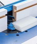 Router Bit Setup Jig For 45 Lock Miter Bits 22627 Precision Height Alignment Tool in use with blue router and miter bit.