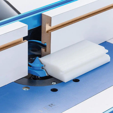 Router Bit Setup Jig For 45 Lock Miter Bits 22627 Precision Height Alignment Tool in use with blue router and miter bit.
