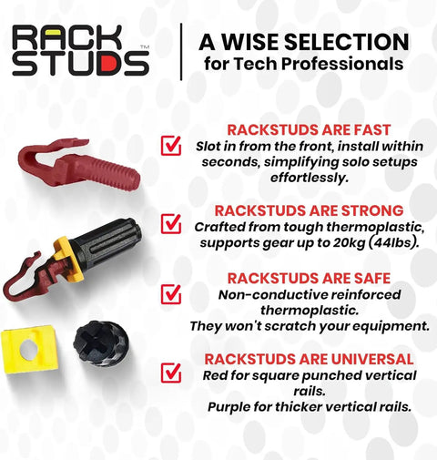 Top Shelf Red Server Rack Screws For 19 Inch Square Punched Rails, No Sweat Front Load Rack Studs image with thermoplastic parts.