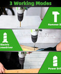 20V Cordless Drill Set With Hammer Drill Function And 3 In 1 Power Drill Kit showing hammer drill, screwdriver, power drill modes