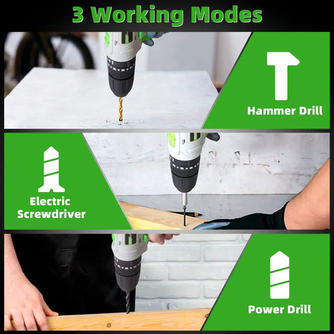 20V Cordless Drill Set With Hammer Drill Function And 3 In 1 Power Drill Kit showing hammer drill, screwdriver, power drill modes