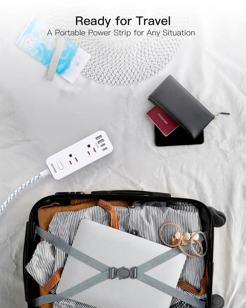 10 In 1 Power Strip With USB C And 6 Outlets, 4 USB Ports, shown in a travel suitcase with accessories.