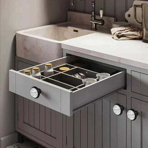 6 Pack White Marble Cabinet Knobs and Glass Drawer Pulls with White Gold Vein for modern kitchen on open drawer