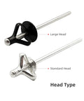 Tri-Fold Aluminum Blind Rivet Kit With 50 Pcs Tri Grip Bulb Style Pop Rivets For Automotive And Soft Plastic Materials Half Black Finish 3 16 By 25 32 Inch Large Head 5 8 Inch Length Pro Grade Rust Free Aluminum Fasteners And Easy Install showing large and standard head types.