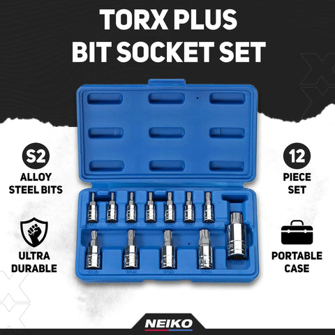 Torx Plus Bit Socket Set For One Quarter Inch, Three Eighths Inch, And One Half Inch Drives in blue case, 12-piece S2 steel