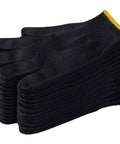 Daily Grind Gear Twelve Pair Pack Of Flexible Polyester Knit Work Gloves Featuring Sturdy Black And Yellow Trim For Light Garage Painting Mechanic Yard Chores And Shop Hustle Tasks, stacked gloves view.