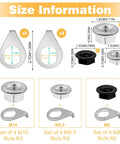 Image showing size information for All In One Bike Axle Nuts And Safety Washers Kit 24 Pack M8, M9.5, M10 Sizes.