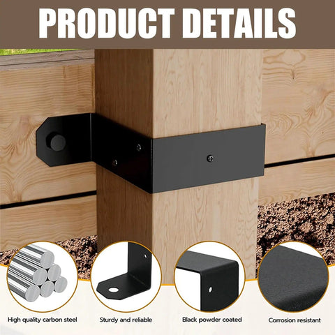 Close-up of Beefy 4x4 Post Tie and U Bracket installed on wood, showing black 2mm steel for deck, fence, or gazebo support.