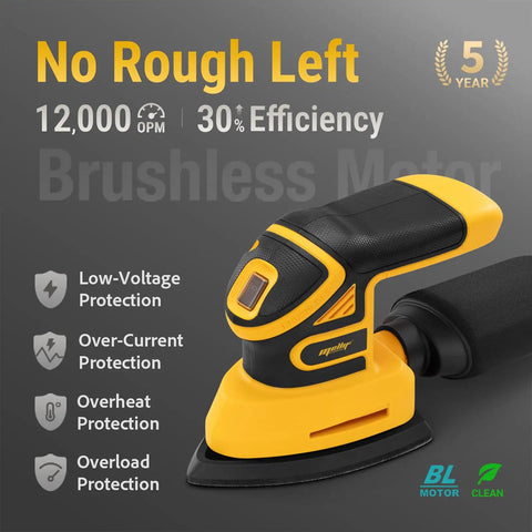 Brushless Cordless Detail Corner Sander Compatible With DeWalt 20V Max Battery Tool Only showing features and safety protections.