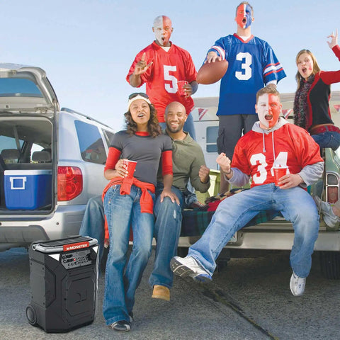 Group at tailgate with Crank Up Party Ready 360 Degree Bluetooth Speaker With 240W Power, enjoying outdoor event