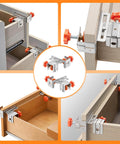 Drawer Front Installation Clamps Adjustable Cabinet Mounting Hardware For Home Kitchens Offices And Living Rooms DIY Friendly Easy Install Secure Drawer Front Alignment To Drawer Boxes With Easy Precise Woodworking Tools in use with wood and metal materials.