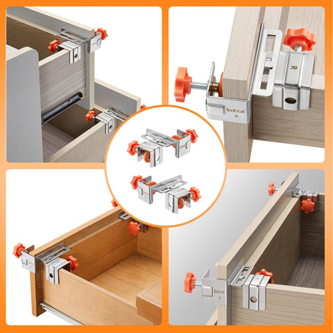 Drawer Front Installation Clamps Adjustable Cabinet Mounting Hardware For Home Kitchens Offices And Living Rooms DIY Friendly Easy Install Secure Drawer Front Alignment To Drawer Boxes With Easy Precise Woodworking Tools in use with wood and metal materials.