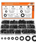 460 Piece Internal Tooth Star Lock Washer Assortment With 9 Sizes Spring Steel Anti Loosening Quick Lock Hardware Kit in storage case.