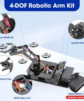 Front view of a black 4-DOF Robotic Arm Kit with ESP32 board, servos, joystick, and battery holder