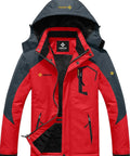 Men's Mountain Waterproof Ski Snow Jacket Insulated Windproof Rain Shell Built For Skiing Snowboarding Hiking Mountaineering Camping And Outdoor Adventures In Oriental Red with detachable hood and fleece lining.