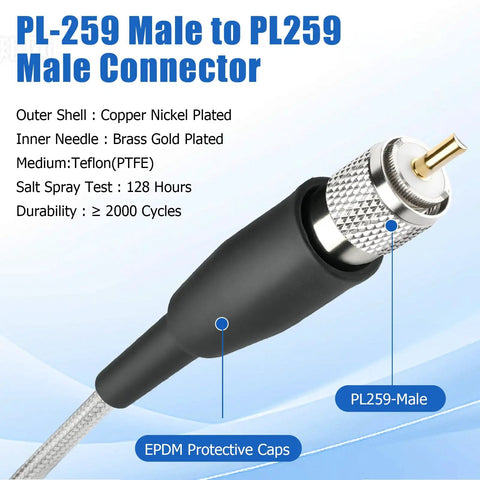 Coax Cable 18ft With Waterproof Sleeve For Outdoor Use, RG8X Coaxial Cable With PL259 Male Connectors, EPDM cap visible
