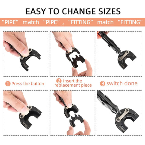 Steps to change size adapters on Handy Disconnect Tongs For Quick Push To Connect Fittings Removal Of 1/2 Inch, 3/4 Inch, And 1 Inch Brass Pipe Fittings With Interchangeable Adapters, A Must Have Plumbing Tool For Easy Clamp Removal And Replacement.